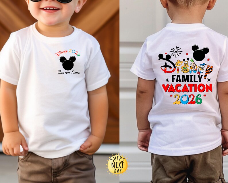 May include: White t-shirt with a colorful Disney design. The front features a Mickey Mouse head and the text "Disney 2026" and "Custom Name". The back displays "Disney Family Vacation 2026" with Mickey Mouse and friends.