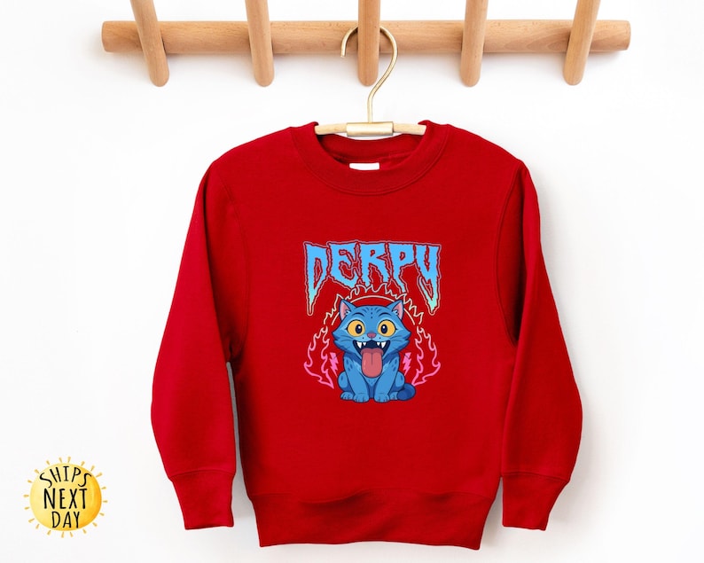 May include: A red sweatshirt with a blue cartoon cat graphic, tongue out and surrounded by flames. The word "DERPY" is above the cat in a blue, stylized font. The sweatshirt has a crew neck and long sleeves.