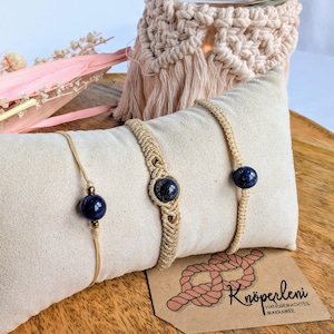 handmade macrame bracelet with gemstone lapis lazuli and yarn in beige, macrame jewelry as a gift, desired combination possible