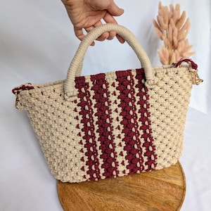 handmade macrame bag made of recycled cotton by Bobbiny in warm beige/wine red, macrame shopper bag in boho style, gift for her