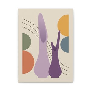 May include: Canvas art print featuring a minimalist design with two stylized vases in shades of purple. The background is a neutral beige with colorful geometric shapes and curved black lines, creating a modern aesthetic.