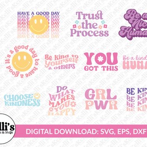Retro Kindness SVG Bundle, Be Kind SVG, Good Vibes Png, Retro Smiley Face, Designs de sublimation inspirants, Téléchargement numérique