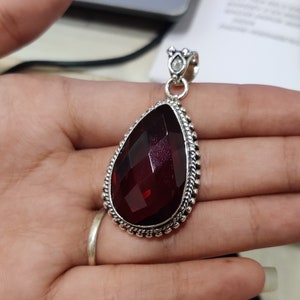 Red Garnet Solid 925 Sterling Silver Necklace Pendant For Women Handmade Engraved Pear Silver Pendant For Birthday Jewelry Gift Idea *******