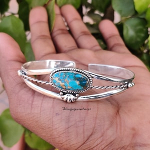 Blå koppar turkos ädelstensarmband 925 sterlingsilver boho armband