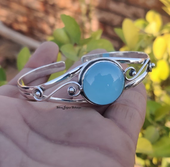 Blue Chalcedony Bangle, 925 Sterling Silver Bangle: Gemstone Cuff Bracelet