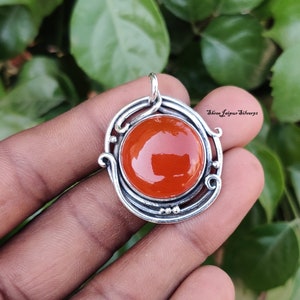 Natural Carnelian Pendant, Red Gemstone Pendant, Handmade Pendant, 925 Sterling Silver Pendant, Gift for her, Round Carnelian Pendant
