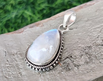 Rainbow Moonstone Pendant, 925 Sterling Silver Pendant, Anniversary pendant, Dainty Bail Pendant, Huge Pendant handmade jewelry Gift For Her