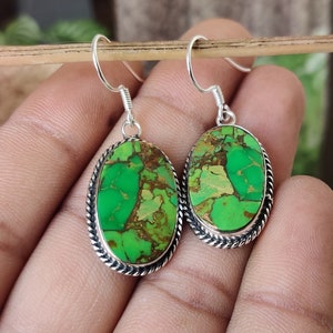 Green Copper Turquoise Earrings: Oval Dangle Drop Earrings, 925 Sterling Silver