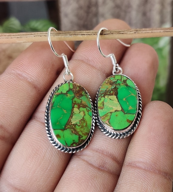 Green Copper Turquoise 925 Silver Earrings-oval Earrings Green Copper Turquoise 925 Silver Earrings-oval Earrings