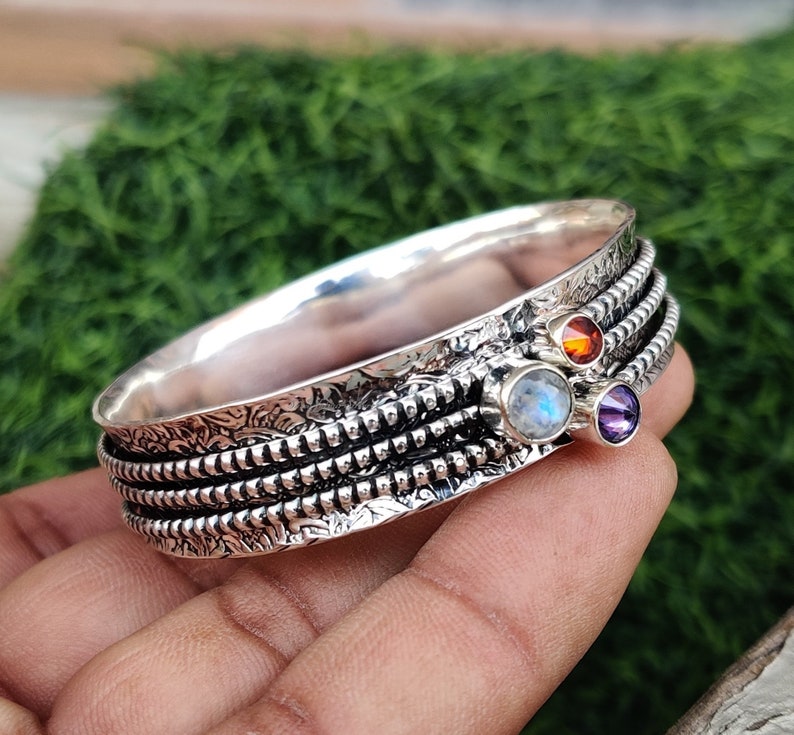 Moonstone Bangle, Three Gemstone Bangle, Spinner Bangle, Bohemian Bangle, 925 Sterling Silver , Amethyst Bangle, Beautiful Bangle, Gift Item image 7