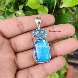 Natural Australian Opal Blue Fire With Topaz Gemstone Pendant 925 Solid Sterling Silver Pendant Opal Stone Gift Mother&#39;s day Sale Pendant