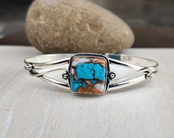 Oyster Copper Turquoise 925 Silver Bangle: Dual Wire Cuff Bracelet