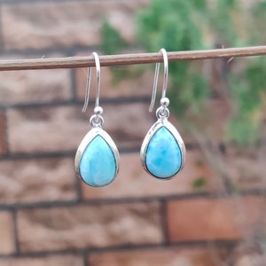 925 Sterling Solid Silver Larimar Pear Stone Earrings | Natural Larimar Gemstone Silver Earrings | Handmade   Women Wedding Earrings Gift