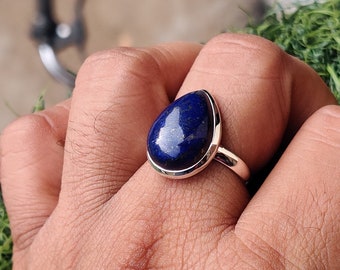 Handgemaakte lapis lazuli-ring: sterlingzilveren boho-statementring