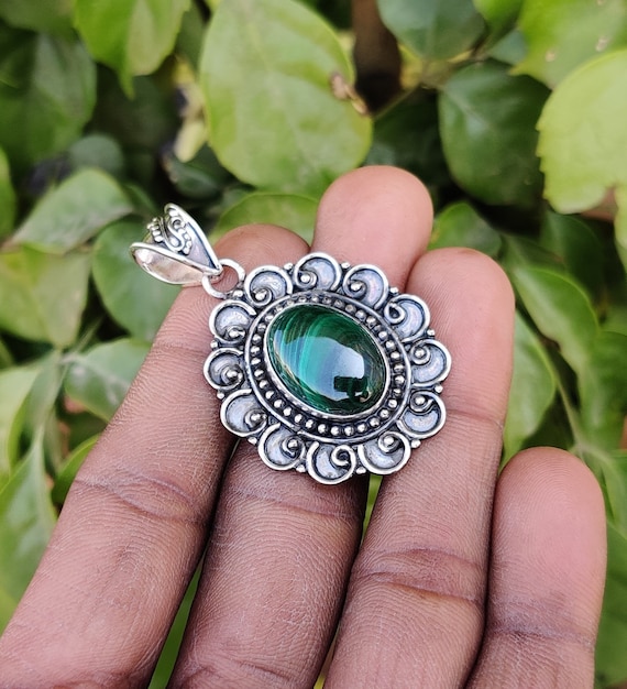 Oval Malachite Cabochon Pendant: 925 Sterling Silver, Handmade