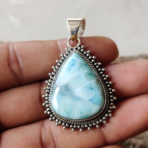 Designers Larimar Gemstone Pendant-925 Sterling Silver Pendant-Cabochon Larimar Pendant-Natural Silver Pendant-Blue Gemstone Pendant********