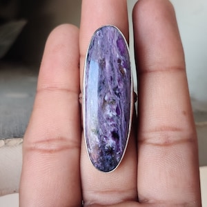 Charoit ädelstensring: 925 Antik Silver Baguette Cabochon Smycken