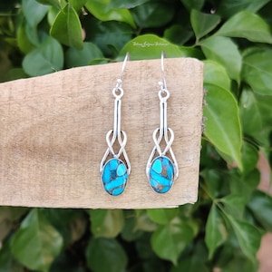 Blue Copper Turquoise Gemstone Solid 925 Sterling Silver Designer Handmade Dangle Earrings-Turquoise Earrings-Birthstone Earring -Gift Item