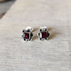 Red Garnet Rectangle Cut Stone Earring Solid 925 Sterling Silver Tiny Small Pair of Earrings Handmade Prong Set Silver Minimalist Earrings