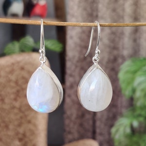 Rainbow Moonstone Silver Earrings | 925 Sterling Solid Silver Smooth Pear Jewelry Sat For Bridal | Handmade Women Wedding Earring Gift Idea