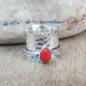 Natuurlijke koraalring, spinnerring, 925 sterlingzilveren ring, fidgetring, meditatiering, zorgspinnerring voor moeder, geboortesteenring,
