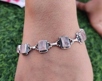 Rose Quartz Bracelet, 925 Sterling Silver, Pink Gemstone Bracelet, Bezel Bracelet, Beautiful Rose Quartz Bracelet,Wedding Bracelet,Gift Item