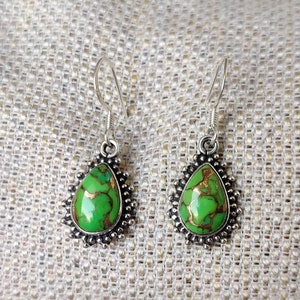 Green Copper Turquoise Gemstone Earring Pear Shape Designer Handmade 925 Sterling Silver Amazing Women Gift Jewelry Beautiful Earring***