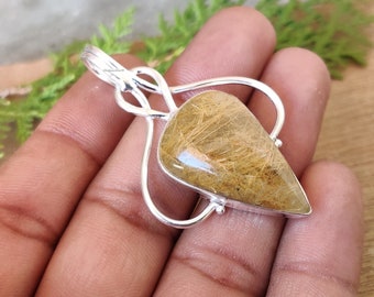 Handmade Teardrop Golden Rutile Pendant: 925 Sterling Silver