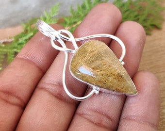 Golden Rutile Pendant, Handmade Pendant for Her, 925 Sterling Silver, Teardrop Rutilated Quartz Pendant, Gift for Sister, Birthday Gift*****