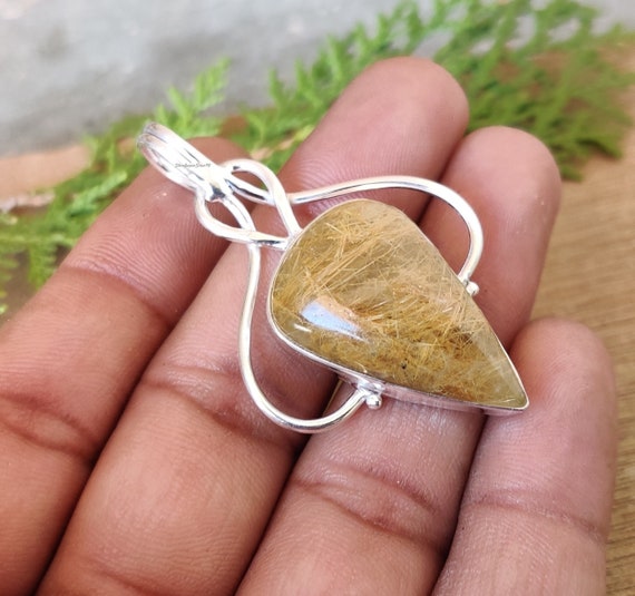 Handmade Teardrop Golden Rutile Pendant: 925 Sterling Silver