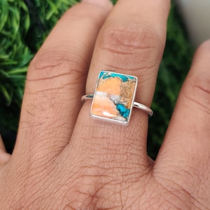 Oyster Copper Turquoise Solid 925 Sterling Silver Ring, Handmade Hammered Bar Band Ring Gifts For Her Birthday Wedding AnniversaryBirthstone