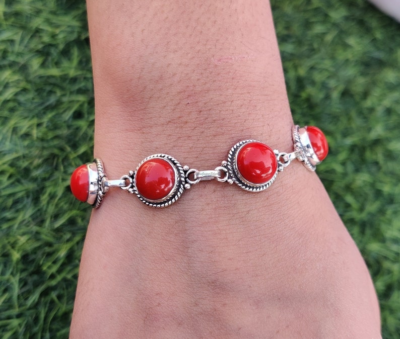 Bracelets de corail rouge, Bracelets de pierres précieuses de corail, Bracelets de créateur, Bracelets réglables, Argent sterling 925, Bijoux en argent, Cadeau pour maman image 6