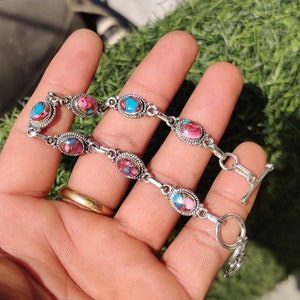 Bracciale regolabile a forma ovale in argento sterling 925 con pietra di luna arcobaleno naturale, gioielli con pietre preziose, braccialetto tennis, regalo per lei, regalo per amore Pink Turquoise