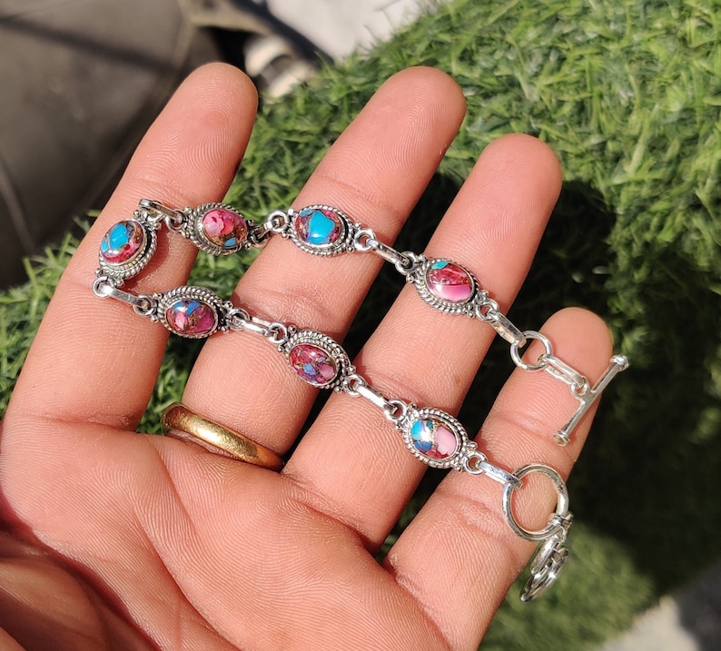 Bracciale regolabile a forma ovale in argento sterling 925 con pietra di luna arcobaleno naturale, gioielli con pietre preziose, braccialetto tennis, regalo per lei, regalo per amore Pink Turquoise