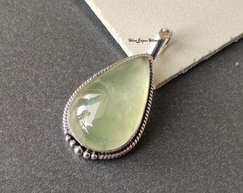 925 Sterling Silver Prehnite Gemstone Pendant, Handmade Pendent, Unsex Jewelry