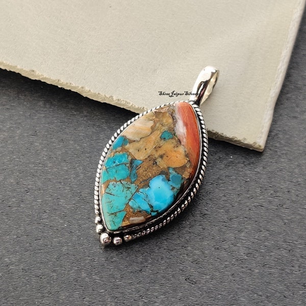 Oyster Copper Turquoise Pendent * Neckless Jewellery Item * 925 Sterling Silver * Gemstone Pendent * Marquise Shape  Pendent *Gift Item *