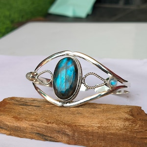 Amazing Blue Flash Labradorite Bangle, 925 Sterling Silver, Gorgeous Designer Silver Bangle, Adjustable Bangle, Handmade Bangle, Gift To Her