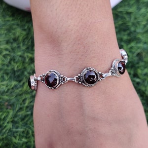 Unique Round Red Garnet Gemstone Bracelet 925 Sterling Silver Handmade Bracelet