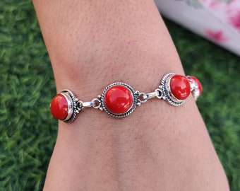 Red Coral Gemstone Bracelet 925 Sterling Silver Gift for Woman
