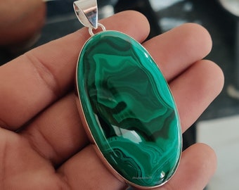 Natural Malachite Pendant , Handmade Silver Pendant , 925 Sterling Silver Pendant , Oval Malachite Pendant, Women Pendant, Taurus Birthstone