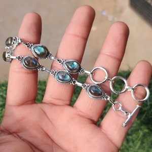 Bracciale regolabile a forma ovale in argento sterling 925 con pietra di luna arcobaleno naturale, gioielli con pietre preziose, braccialetto tennis, regalo per lei, regalo per amore Labradorite