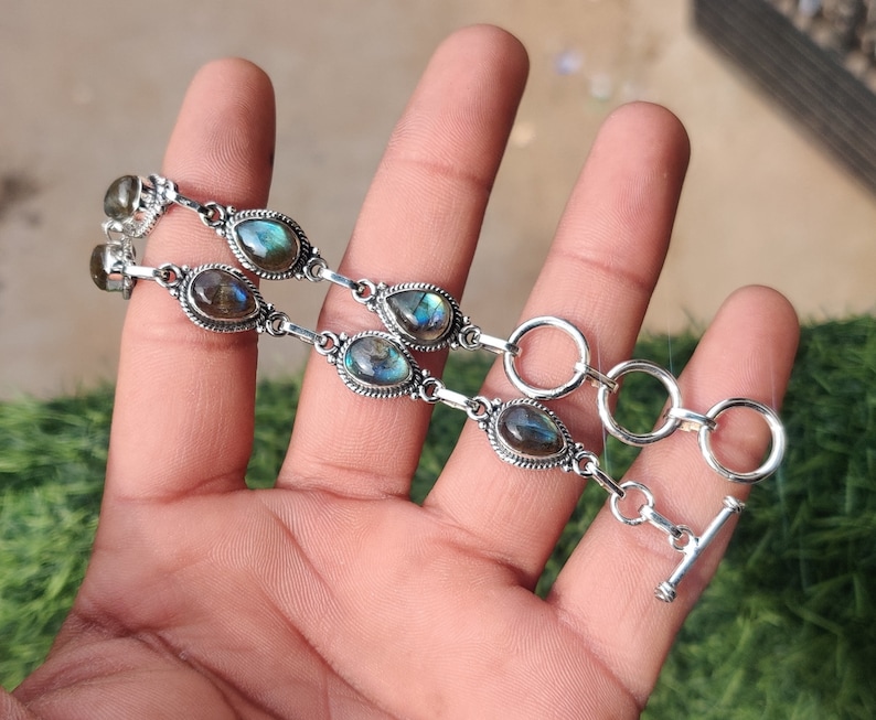 Bracciale regolabile a forma ovale in argento sterling 925 con pietra di luna arcobaleno naturale, gioielli con pietre preziose, braccialetto tennis, regalo per lei, regalo per amore Labradorite