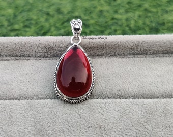 Natural Red Garnet Solid 925 Sterling Silver Necklace Pendant For Women Handmade Engraved Pear Silver Pendant For Wedding Anniversary Gift