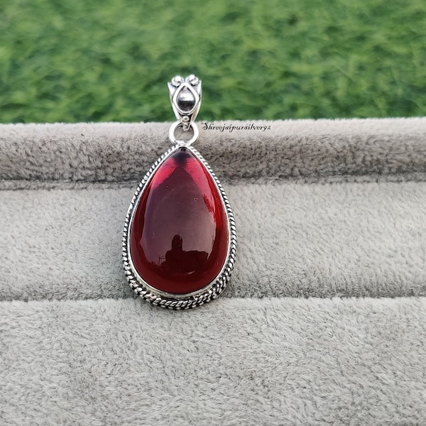 Natural Red Garnet Solid 925 Sterling Silver Necklace Pendant For Women Handmade Engraved Pear Silver Pendant For Wedding Anniversary Gift