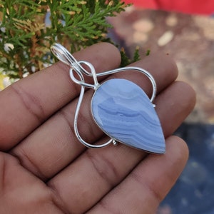 Blue Lace Agate Pendant, Sterling Silver Pendant, Blue Agate Pendant, Agate Stone Pendant, Healing Stone Pendant, Birthday Gift Pendant