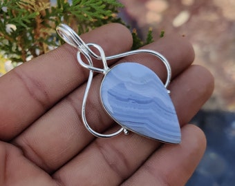 Blue Lace Agate Gemstone Pendant 925 Sterling Silver Crismas GIft Pendant