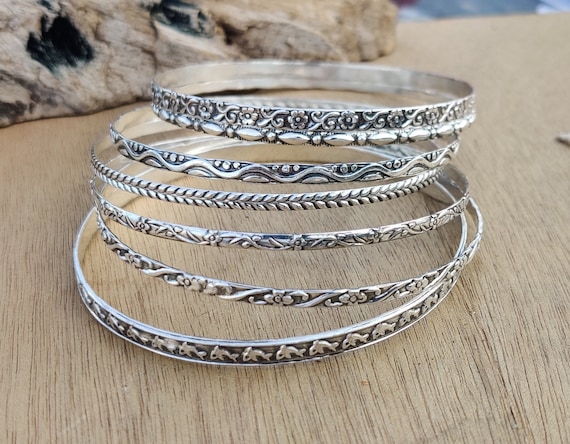 Sevent Set of Silver Bangles, 925 Sterling Silver, Handmade
