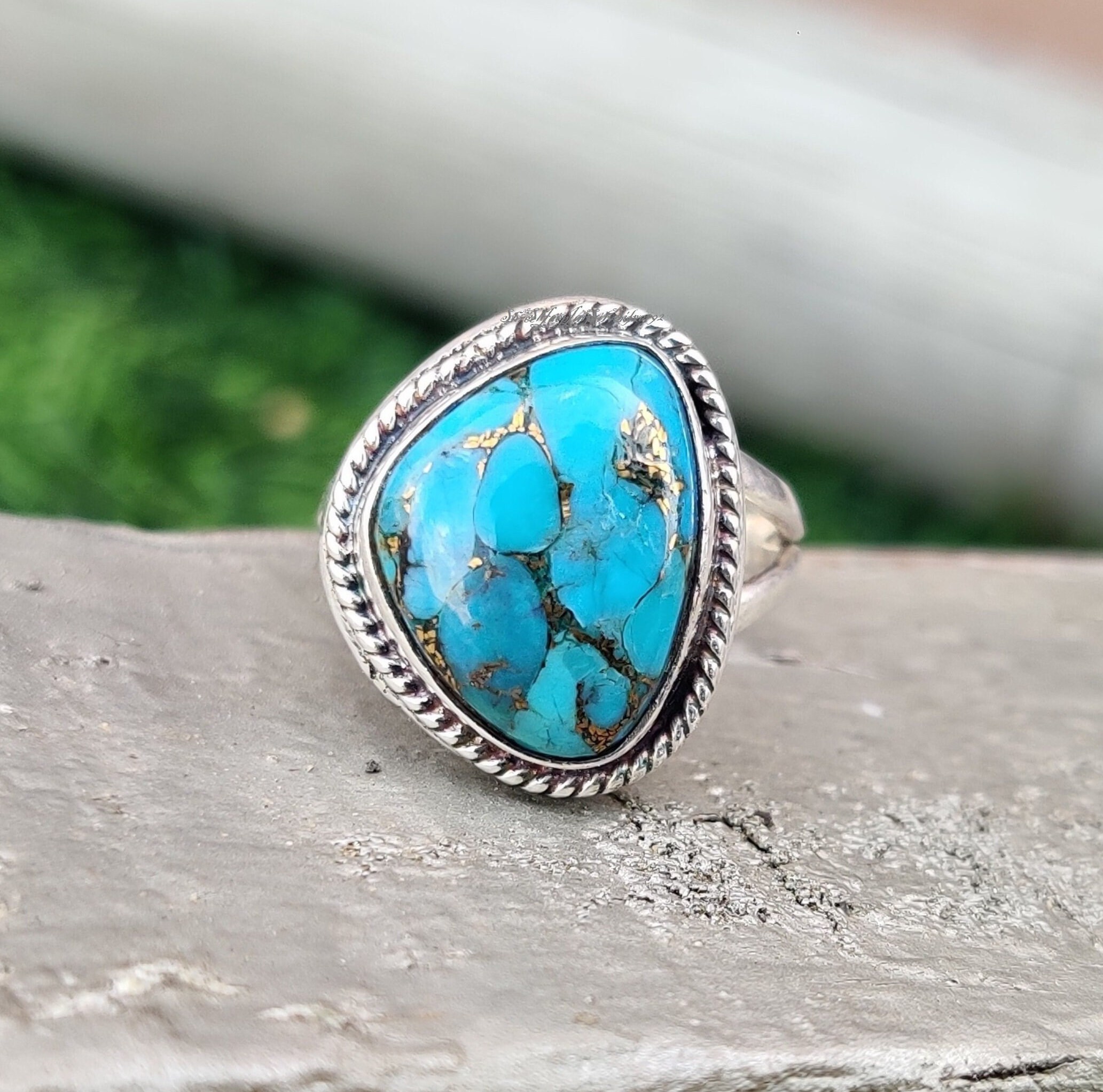Genuine Blue Copper Turquoise Ring: 925 Sterling Silver Band, Boho
