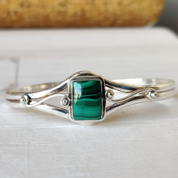 Malachite Bangle, Cuff Bangle, Gemstone Bangle, Green Malachite Silver Bangle, Ethnic Vintage Jewelry Bangle, 925 Sterling Silver Bangle,***