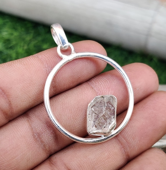 Row Herkimer Diamond Gemstone Pendant 925 Sterling Silver Circle Necklace